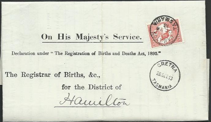 TASMANIA 1913 Birth notice GRETNA to Hamilton with T perfin 1d.............60442