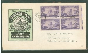 US 903 1941 3c Vermont 150th anniversary (block of four) on an addressed first day cover with an Ioor cachet.