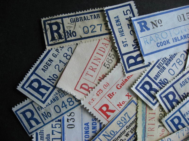 Registration labels, mostly Commonwealth Islands etc, 30 different!