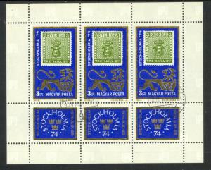 HUNGARY 1974 STOCKHOMIA 74 Sheetlet Scott No 2310 x3 + Labels CTO VFU