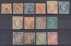 French Colonies Sc 3/J19 used. 1859-81 issues, 14 different, sound, F-VF group