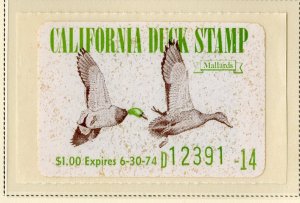 US CA3 CALIFORNIA STATE DUCK STAMP 1973 MNH SCV $10.00 BIN $4.00