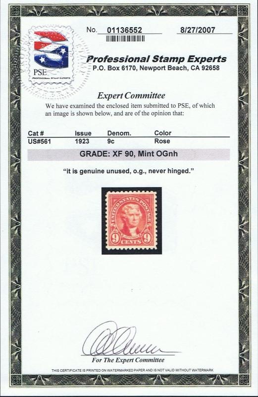 STUNNING SCOTT #561 MINT OG NH PSE GRADED CERT XF 90 - PRICED TO SELL