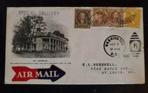 1932 Washington DC St Louis MO Mount Vernon Scott #704 705 709 715 Airmail Cover