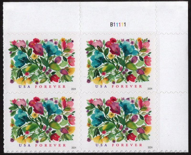 SC#5849 (Forever) Celebration Blooms Plate Block: UR #B11111 (2024) SA