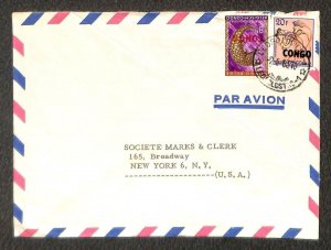 CONGO 338 & 351 STAMPS MARKS & CLERK LEOPOLDVILLE NY AIRMAIL COVER 1963