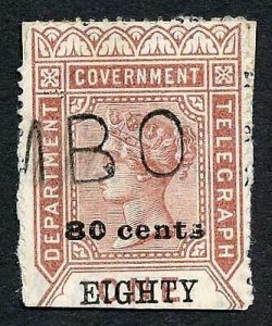 Ceylon QV SGT85 80c on 1r Red-brown Telegraph Stamp Wmk Crown CA (Narrow)