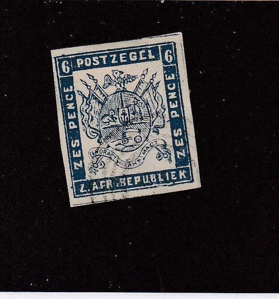 TRANSVAAL (MK6443) # 2 VF-USED IMPERF 6p 1869  COAT OF ARMS /ULTRA CV $230