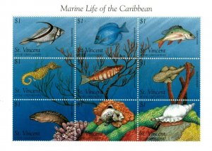 St. Vincent MNH S/S 2334 Caribbean Marine Life 1996 9 Stamps