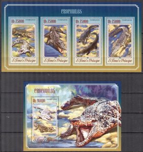 Sao Tome and Principe 2014 Reptiles Crocodiles sheet + S/S MNH