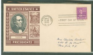 US 817 1938 12c Zachary Taylor (presidential/prexy series) single on an addressed first day cover with a Staehle cachet