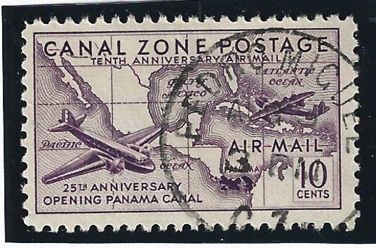 Canal Zone Scott #C16 Used 10c Plane&Map Air Mail stamp SON Cancel 2019 CV $3.00