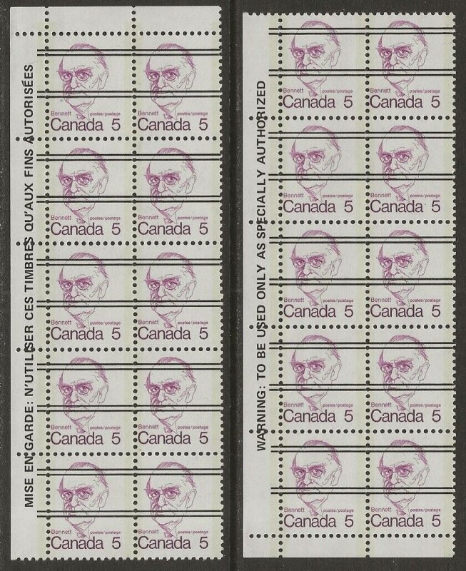 Canada 1973-76 Caricature Precancel #590 Sheet Corner with WARNING STRIPS VF-NH