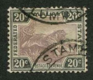 Malaya Federated States SC# 66 Tiger 20c wmk 4 Used