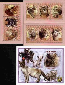 Zaire MNH 1997 Cats Mi 1304-13 Bk 74 Value 31 Eu 3 Sheetlet of 3 +Souvenir Sheet