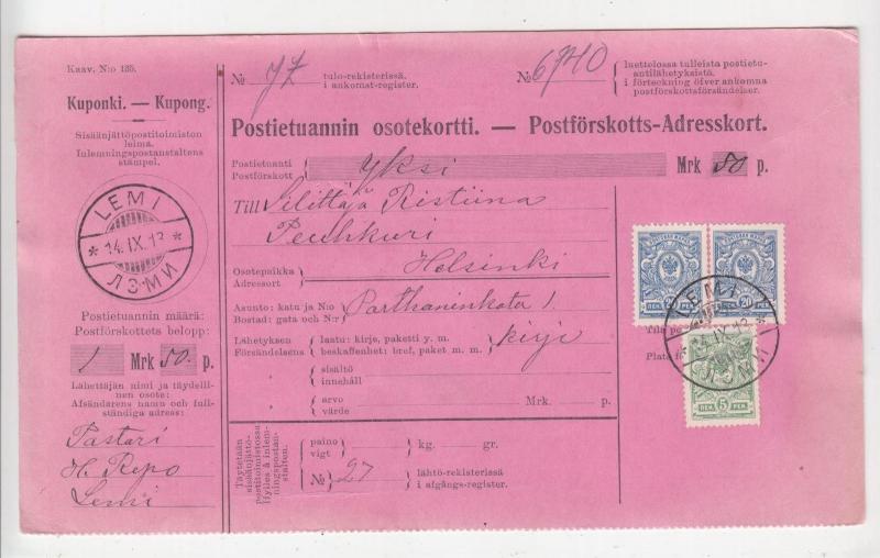 FINLAND, Parcel Card, 1913, Lemi to Helsingfors, 45p.