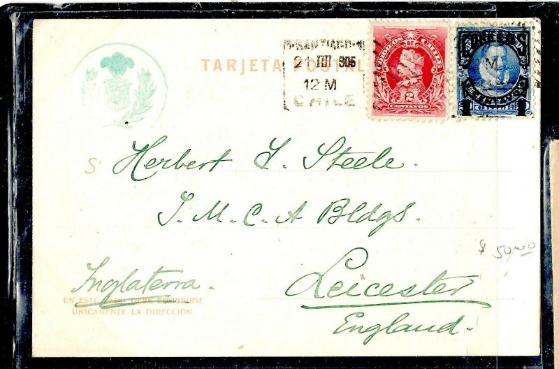 CHILE  (P3108B) 1906   2C COLUMBUS + 1C REVALUED ON PPC SANTIAGO TO ENGLAND