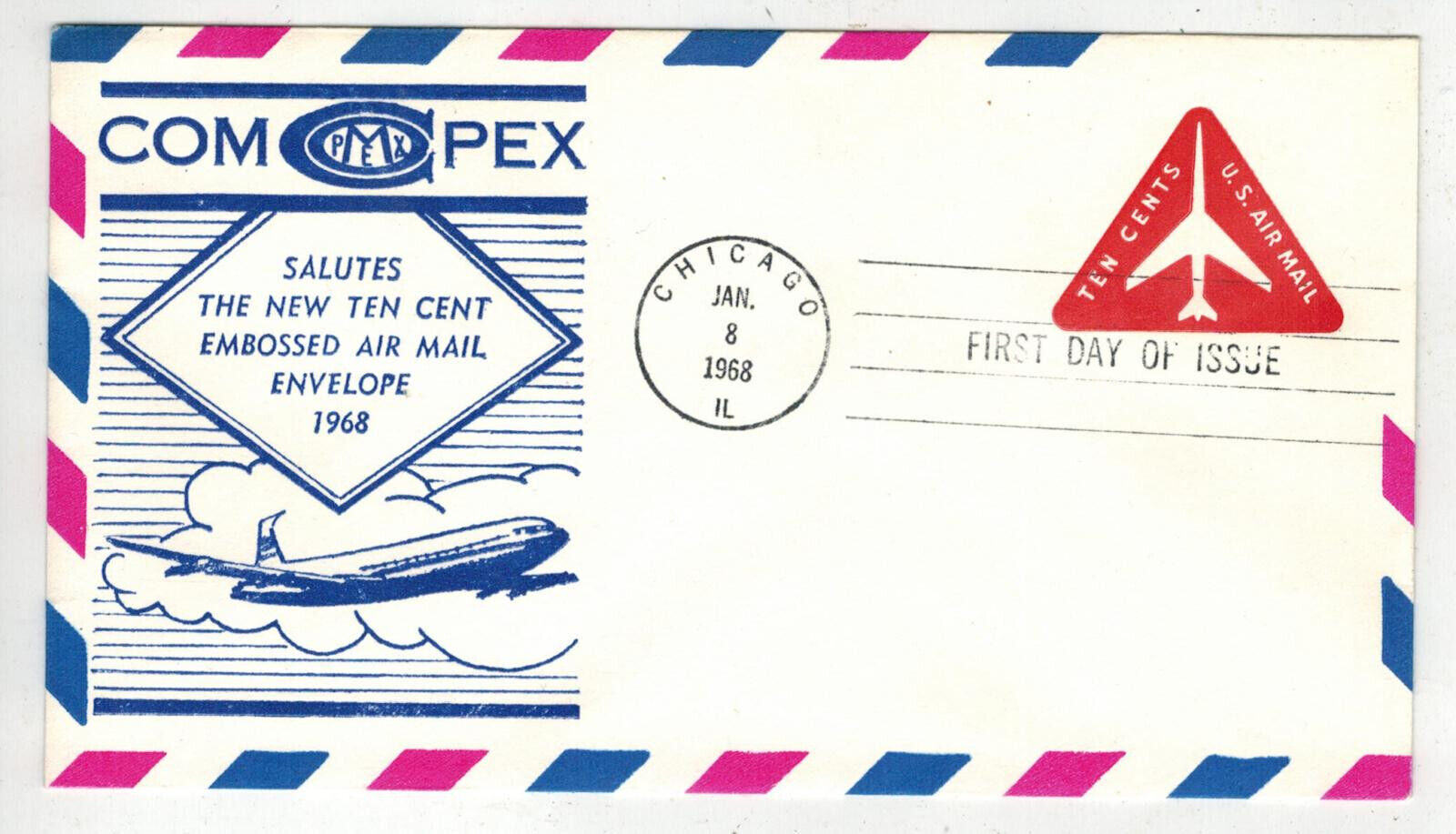 1968 Triangle Airmail Embossed Airplane Envelope Uc40 Compex Cachet