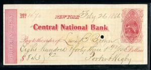 U.S: #RNB10 Porter & Higby ~ Central National Bank 1866 NY Rev. Stamped Paper 