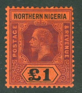 SG 52 Northern Nigeria 1912. £1 purple & black/red. Lightly mounted mint CAT£180