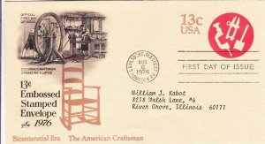 1976, 13c Embossed Stamped Envelope-American Craftsman, Artcraft, FDC (D8227)