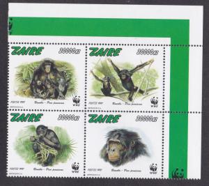 Zaire # 1466, WWF - Monkeys, Block of Four, NH, 1/2 Cat.