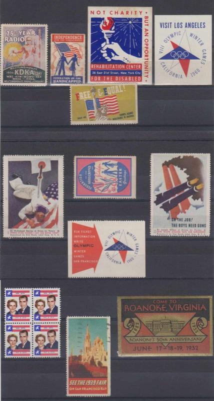 USA 1932-80 CINDERELLA GROUP OF 15 ITEMS ON CARD RADIO, OLYMPICS, PEARL HARBOUR