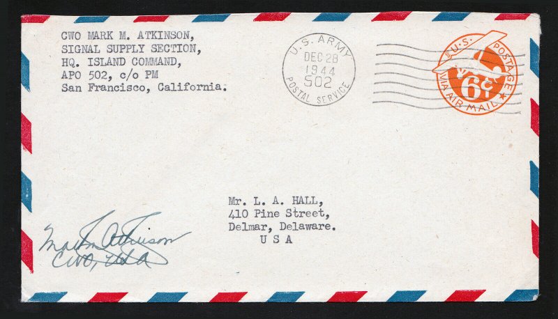 SCOTT #UC3 SAN FRANCISCO CA APO 502 (NEW CALEDONIA) AIR MAIL 1944