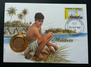 Maldives Islands & Beaches 1987 Sailboat Art Craft Culture Tree FDC (coin cover)