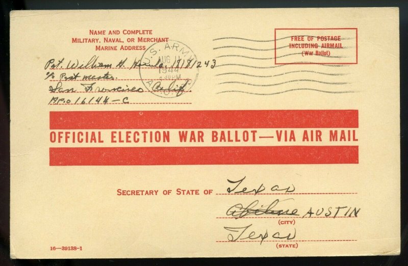 U.S. Free Franked Post Card Used to Request Texas Absentee Ballot During WW II