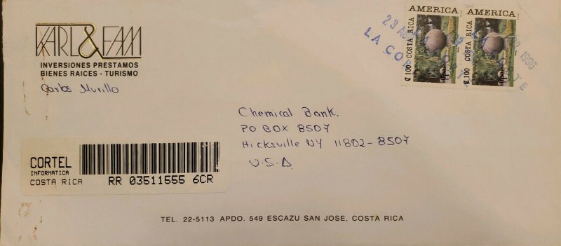 L) 1996 COSTA RICA, UPAEP, AMERICA, SQUARE, SCULTURE, AIRMAIL, CIRCULATED COVER  