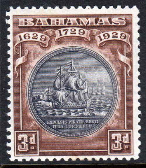 Bahamas KGV 1930 Tercentenary 3d Black Deep Brown SG127 Mint Lightly Hinged