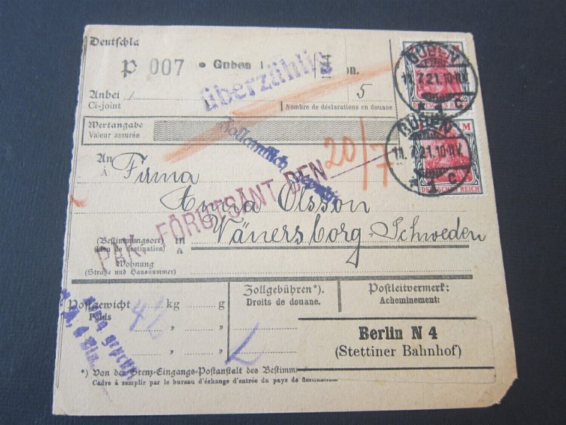 Germany 1921 Parcel card franked 4MX6,4MX2,2MX1,50pfX1