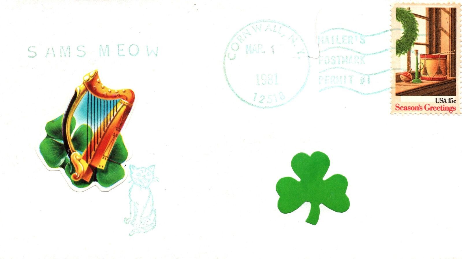 Sam's Meow AddOn Cachet & Label Cover Mailer's Postmark Permit Cornwall NY 1981 Worldwide