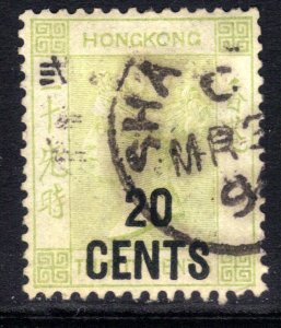 Hong Kong 1891 QV 20ct Ovpt on 30ct Grey Green used SG 48a ( J791 )