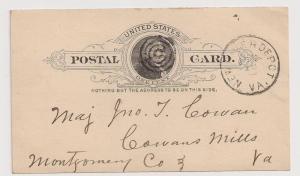 1c UX9 postal card w 1891 New River Depot VA postmark DPO
