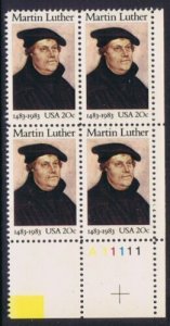 1983 Martin Luther Plate Block of 4 20c Postage Stamps, Sc# 2065, MNH, OG