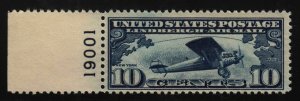 1927 Sc C10 AIRMAIL MNH 10c Lindbergh, plate number single Hebert CV $35 (B