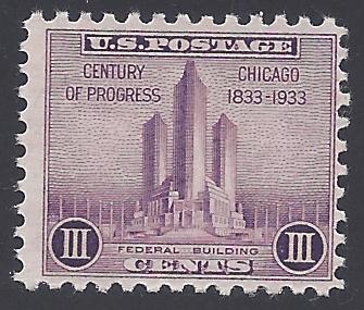 #729 3c Century of Progress:Federal Building 1933 Mint NH