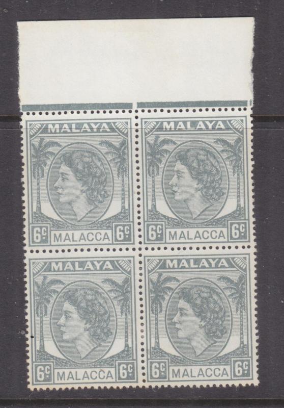 MALACCA, MALAYSIA, 1954 QE 6c. Grey, marginal block of 4, heavy hinged.
