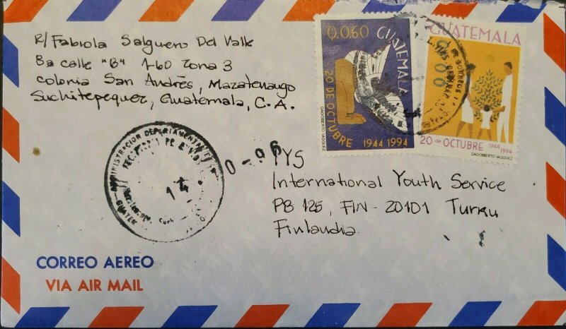 A) 1996, GUATEMALA, FROM SUCHITEPEQUEZ TO FINLAND, AIRMAIL, ANNIVERSARY OF THE R 