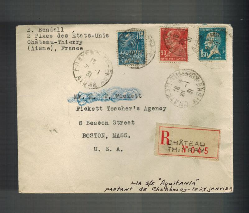 1931 Chateau Thierry France Cover to USA via SS Aquatania Ship