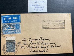 1933 Calcutta India First Flight Airmail cover FFC To Asansol