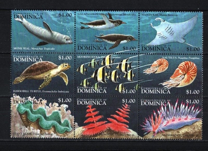 DOMINICA 1998 FISH & MARINE LIFE SHEET OF 9 STAMPS MNH