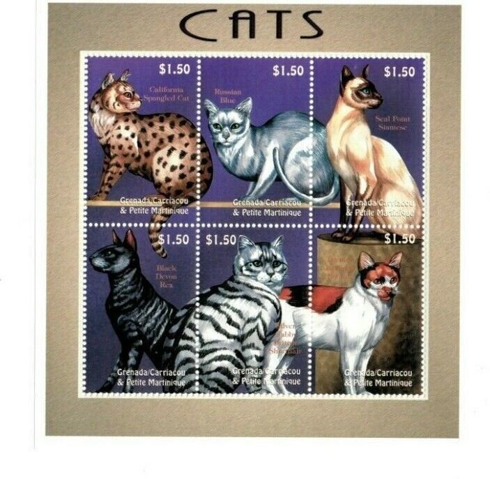 Grenadines 2000  - Cats Siamese, Tabby - Sheet of 6 Stamps - Scott #2261 - MNH