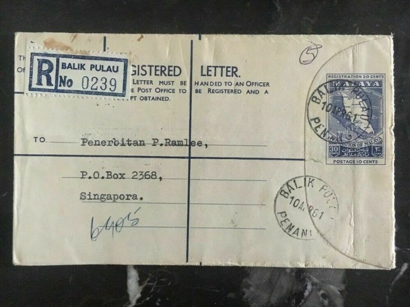 1961 Balik Pulau Penang Malaya PS Registered Cover To Singapore