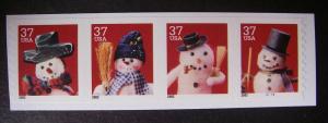 Scott 3680-3 or 3683a, 37c Snowmen, Strip of 4 w/plate#