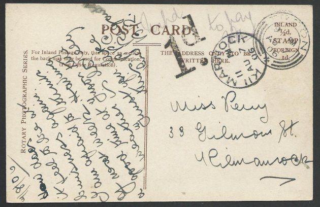 GB SCOTLAND 1906 unstamped postcard TROON TO KILMARNOCK, h/struck 1d Due...49931