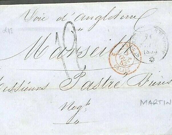 FRENCH COLONIES Martinique CDS Voie D'Angleterre Maritime Marseilles 1853 GV221