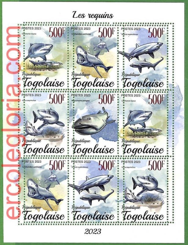 B1884 - TOGOLAISE - ERROR MISPERF Stamp Sheet - 2023 - SHARKS, Marine Life-